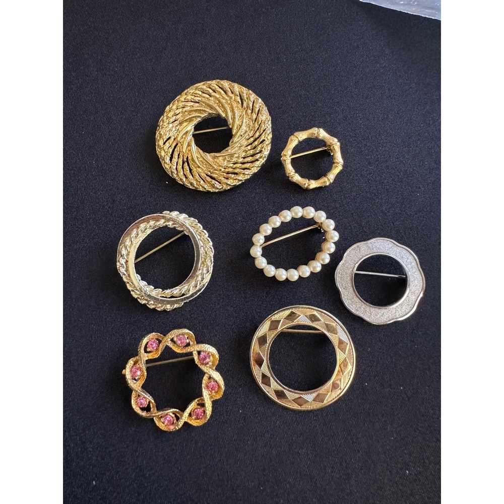 Vintage Circle Wreath Brooch Lot 7pc Gold Silver Tone Pearl Rhinestone Pins